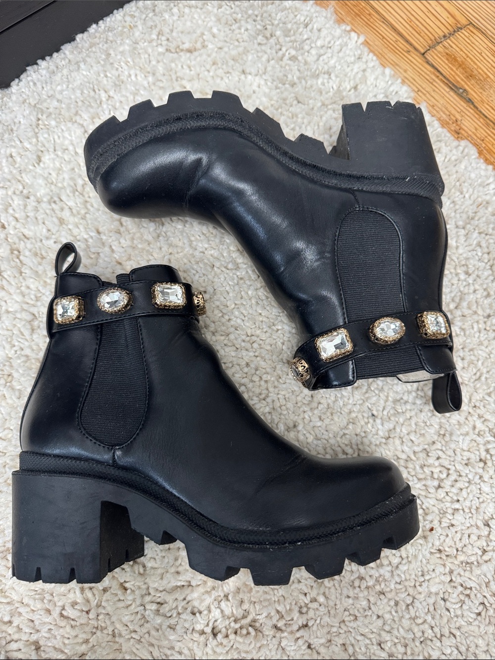 Steve Madden Black Chunky Chelsea Heeled Boots with Removable Jeweled Strap